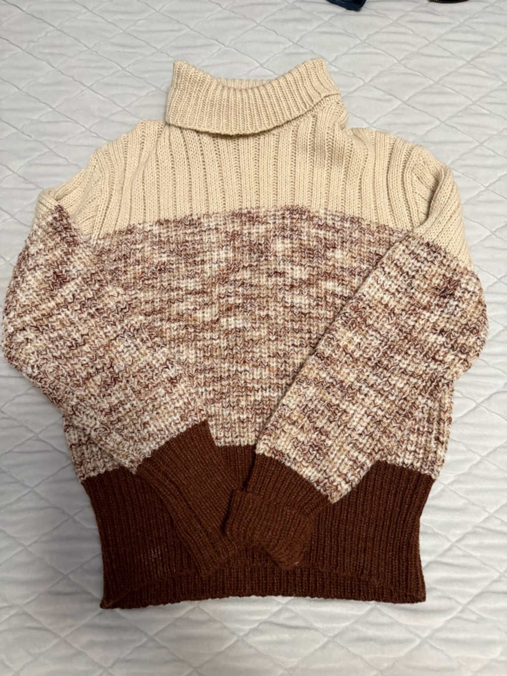 Pink Lily Cream, Marled Taupe & Brown Colorblock Turtleneck Sweater